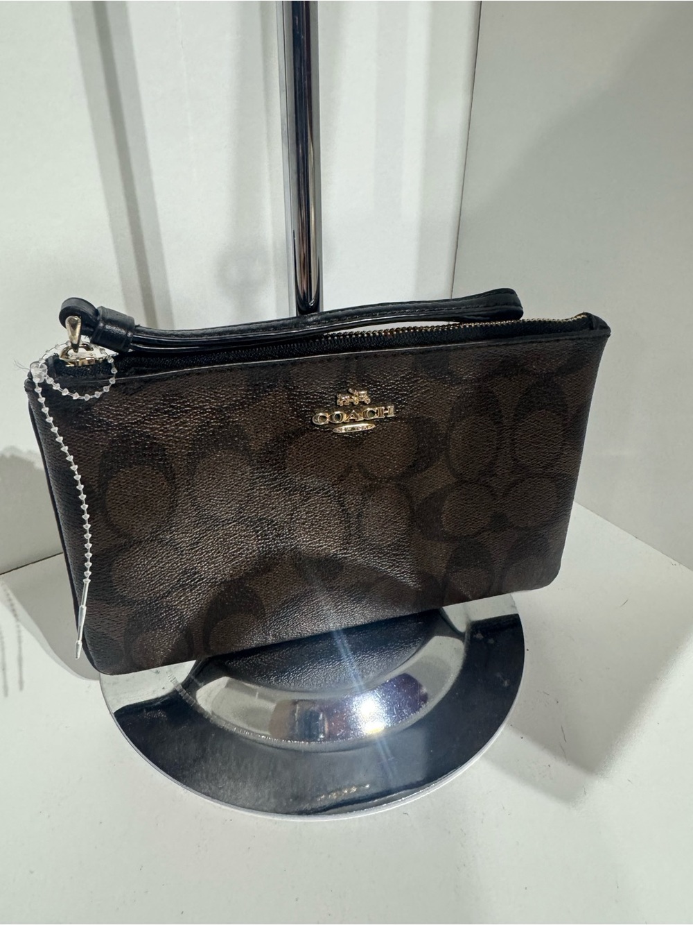 Coach Brown/Black Signature Zip Wristlet with Gold Logo - Picture 1 of 3